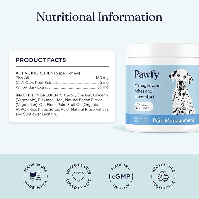 Pawfy Advanced Pain Management - Essential Vitamins & Supplements with Omega 3 |Joint Supplement for Dogs - Supports Hip & Joint Health for Small, Medium, Large Breeds | 30 Fast-Acting Chews-Mewly Pet