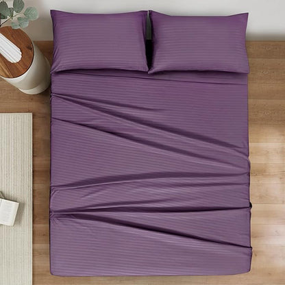 Mejoroom Striped Full Size Sheets – Extra Soft Full Size Bed Sheets - 16inches deep Pocket Full Sheet Set, Breathable, Wrinkle, Fade and Stain Resistant - 4 Piece (02-Purple)