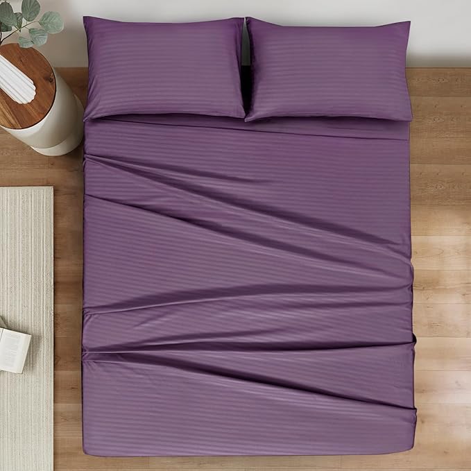 Mejoroom Striped Queen Size Sheet Set - Hotel Luxury 1800 Bedding Sheets & Pillowcases - Deep Pocket Fitted Sheet, Soft, Breathable, Wrinkle & Fade Resistant - 4 Piece (02-Purple)
