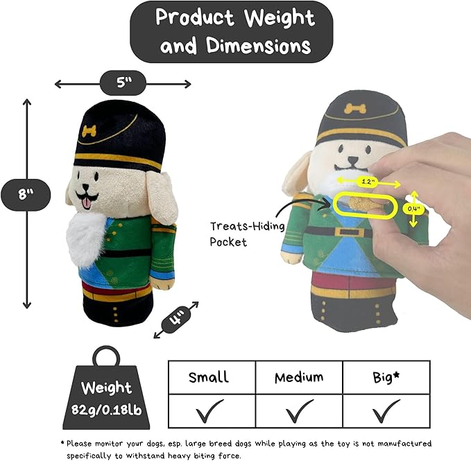 Nutcracker Treat-Dispensing Soft Plush Squeaky Pet Toy - Christmas/X’Mas Festive Enrichment Gift, Durable Cute&Fun Toy for Interactive Play,Hide Food for Nose-Work Puzzle, Small Medium Dogs-Mewly Pet