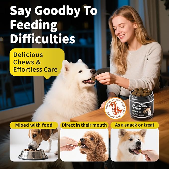 Melatonin for Dogs, Calming Chews with Valerian Root & L-Theanine for Sleep Aid & Emotional Support, Calming Treats for Stress Anxiety Relief - Thunder, Fireworks, Barking, Bacon Flavor, 60Ct-Mewly Pet