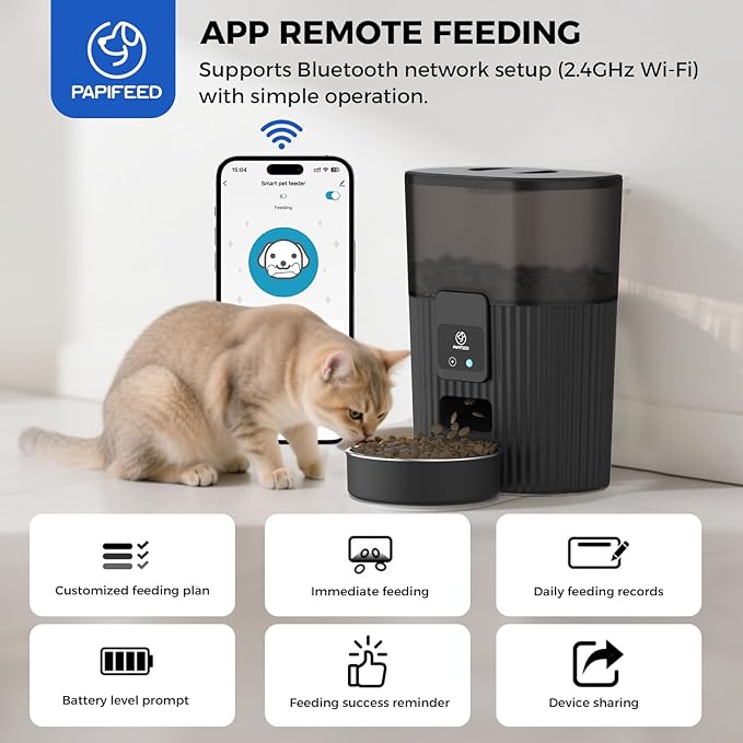 PAPIFEED Automatic Cat Feeder 3.5L/15 Cup 2.4G WiFi Pet Feeder for Dog Work with Alexa & Echo Timed Cat Food Dispenser for Remote Feeding with Stainless Steel Bowl up to 10 Meals Per Day with APP-Mewly Pet