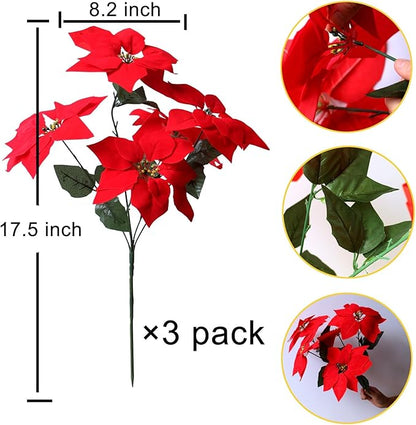3 Pack Christmas Artificial Poinsettia Flowers Stem Bouquets Outdoors with 15pcs 8.2 Inch Red Poinsettia Flowers Heads for Christmas Tree, Xmas Garland, Vase, Window Box, Porch Home Decorations