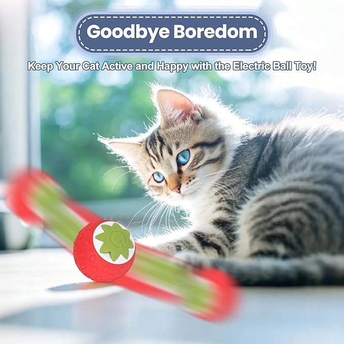 2Pcs Self-Moving Electric Cat Toy Ball with LED - Automatic Interactive Cat Toys for Indoor Cats, Smart Strawberry Design Stimulates Hunting Instincts, Boredom Relief & Exercise for Solo Play-Mewly Pet