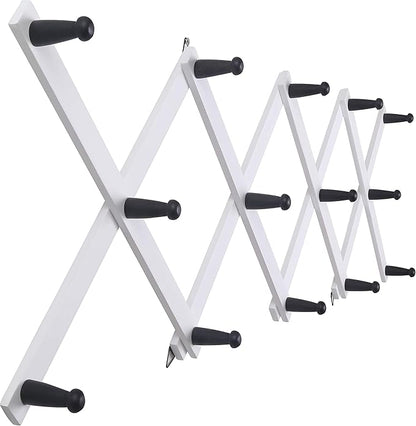 SKOLOO Hat Rack for Wall with 14 Hooks, Solid Wooden, Modern, Expandable Coat Rack Wall Mount for Coats, Hats, Bags, Baseball Caps, Black on White