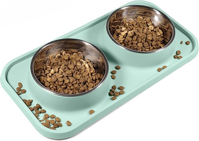 Cat Food Bowls, Cat Bowls Non-Skid and Non-Spill Silicone Pads with PP Stand, Removable Stainless Steel Food and Water Dishes for Cats, Small Size Dogs-Mewly Pet
