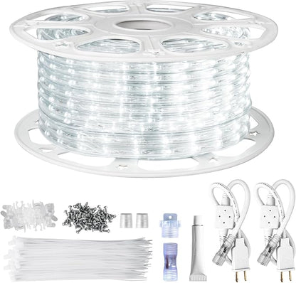 SURNIE Rope Lights Outdoor Waterproof Daylight White: LED 100FT Cuttable Outside Bright 110V Lighting 6000K Connectable Flexible Cool Clear Tube, Indoor Deck Patio Xmas Camping Decor, Not Flat Strip