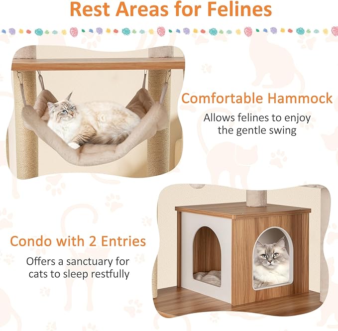 PETSITE 68 Inch Modern Tall Cat Tree for Indoor Cats, Multi-Level Wooden Cat Tree Tower with Sisal Scratching Posts, 3 Top Perches, Cat Condo, Comfy Hammock, Sisal Ramp, and Jingling Balls-Mewly Pet