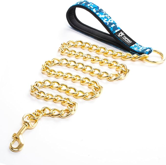 TSPRO Chew Proof Leash - 3.9 FT Stainless Steel Metal Training Leash with Soft Handle for Medium to Large Dog (4MM, Shiny Gold)