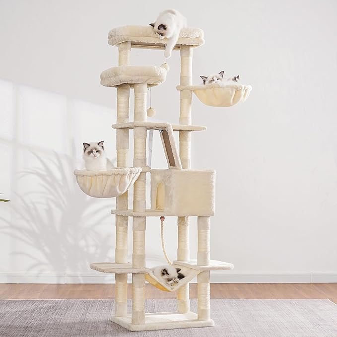 Heybly Cat Tree, 68 inch Multi-Level Cat Tower for Indoor Cats, 2 Widened Plush Perches Cat Condo with Scratching Board and Big Caves, Beige HCT025M-Mewly Pet