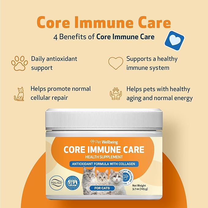 Pet Wellbeing Core Immune Care for Cats of All Ages - Daily Antioxidants, Immune Support, Collagen, Glutathione, Vitamin E - Veterinarian-Formulated Holistic Supplement 3.7 oz (105 g) Powder-Mewly Pet