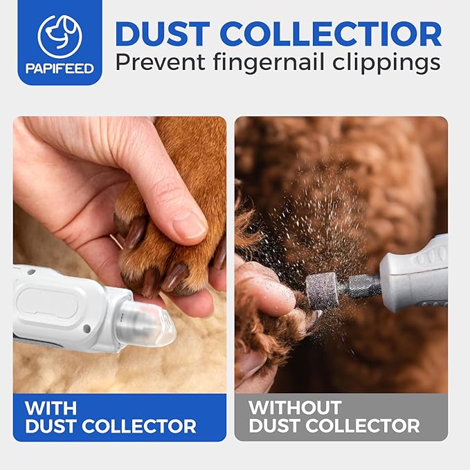 PAPIFEED High Torque Dog Nail Grinder Quiet - 6-Speed Adjustable Dog Nail Trimmers with 2 LED Lights & Dust-Proof Cover, Powerful Motor for Large/Medium/Small Dogs & Cats, Rechargeable - White Kit-Mewly Pet