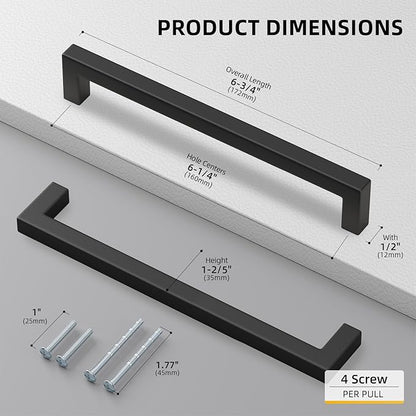 goldenwarm 35 Pack 6-1/4 Inch Black Cabinet Handles Matte Black Drawer Pulls Stainless Steel Cabinets Hardware Square Bar Modern for Kitchen Bathroom Cupboard
