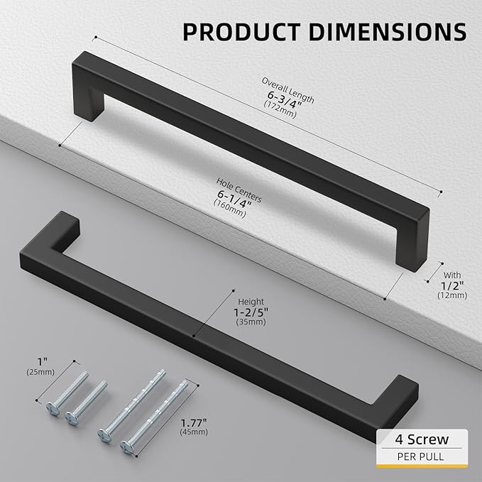 goldenwarm 50 Pack 6-1/4 Inch Black Cabinet Handles Matte Black Drawer Pulls Stainless Steel Cabinets Hardware Square Bar Modern for Kitchen Bathroom Cupboard