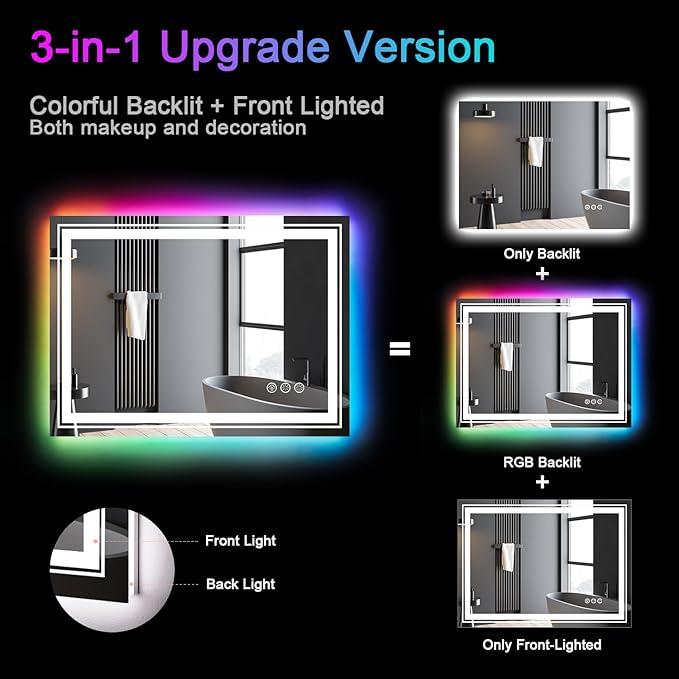 LED Mirror for Bathroom, 40"X36" with 8 RGB Backlit +3 Front Lit (Adjustable Individually), Anti-Fog, Lighted Bathroom Vanity Mirror for Wall, Shatterproof, Memory Function, Tempered Glass