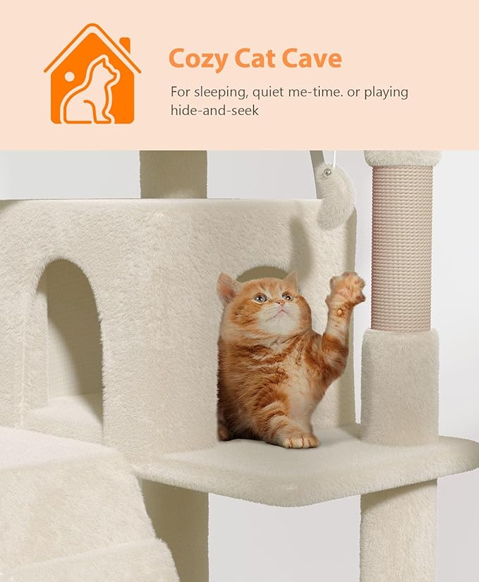 77'' Cat Tree Tower for Indoor Cats Large Adult, Cute/Tall Modern Cat Tree for Big Cats 20 lbs, Plush Multi-Level Cat Condo with Scratching Posts, Dangling Ball for Fun Play (Beige, 77 inch)-Mewly Pet