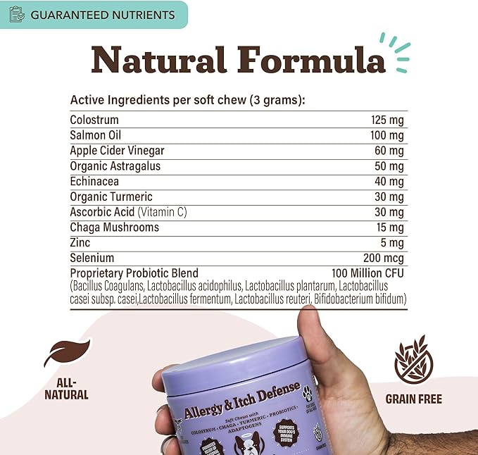 Natural Dog Company Allergy & Itch Defense Chews – Allergy Support for Dogs, Itch Relief, Skin, Coat & Gut Health with Probiotics, Colostrum & Salmon Oil, Grain-Free Dog Supplement, 90 ct-Mewly Pet