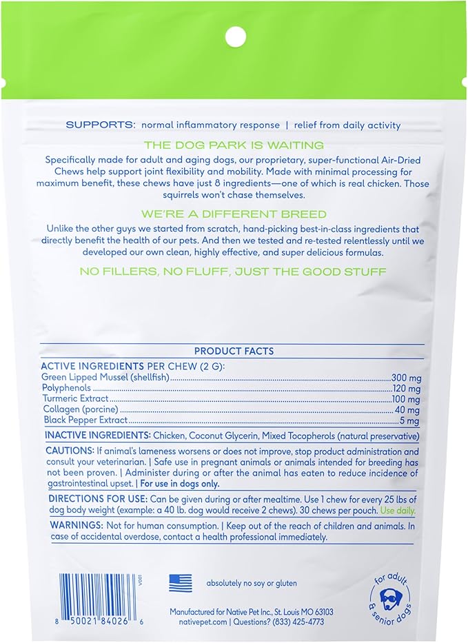 Native Pet Pain Relief for Dogs - Collagen for Dogs Promotes Joint Health, Reduce Inflammation & Stiffness - Senior Pup Joint Supplement - Natural Pain Reliever for Active & Aging Pets - 60 Chews-Mewly Pet