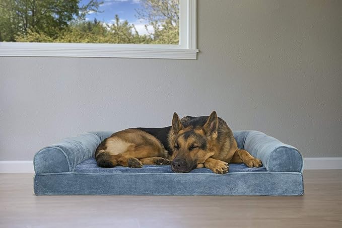 Furhaven Orthopedic Dog Bed for Large Dogs w/ Removable Bolsters & Washable Cover, For Dogs Up to 95 lbs - Faux Fur & Velvet Sofa - Harbor Blue, Jumbo/XL-Mewly Pet