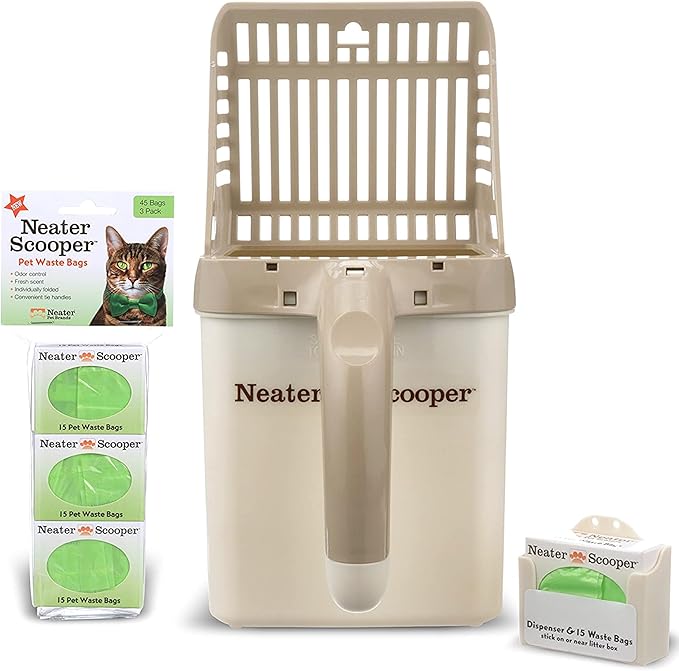 Neater Pet Brands Neater Scooper Standard Cat Litter Scoop, 60 Refill Bags – Mess-Free Cat Litter Scooper with Bag, Spill-Proof Kitty Box Sifter, Bin Doubles as Scoop Holder, For Single-Cat Households-Mewly Pet