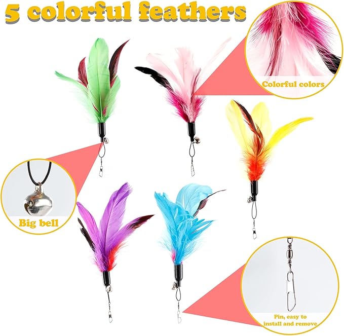 Cat Feather Toys Interactive Cats - Dorakitten Cat Powerful Suction Cup Handheld Teaser Wand Toy and 5PCS Replacement Feather with Bell for Kitty Kitten Scratching Exercise Indoor-Mewly Pet