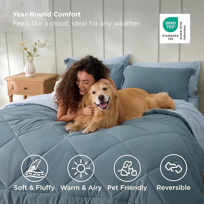 Bedsure Queen Grayish Blue Comforter Set - 7 Pieces Reversible Bedding, Queen Size Bed Set for All Seasons, Bed in a Bag with Down Alternative Comforter, Sheets, Pillowcases & Shams