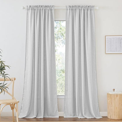 RYB HOME Semi Sheer Curtains - Linen Textured Wave Curtains Privacy Light Airy Drapes for Living Room Bathroom, Dove Grey, 52 inch Width x 90 inch Length, 2 Panels