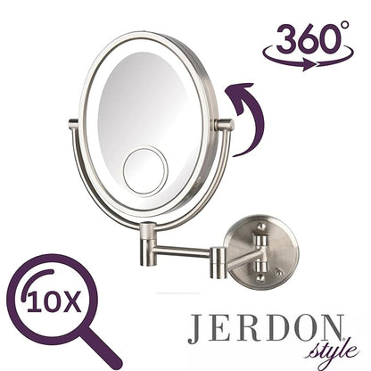 JERDON Two-Sided Wall-Mounted Makeup Mirror with Lights - Lighted Makeup Mirror with 10X Magnification & Wall-Mount Arm - Oval Mirror with Nickel Finish Wall Mount - Direct Wire - Model HL9515NLD
