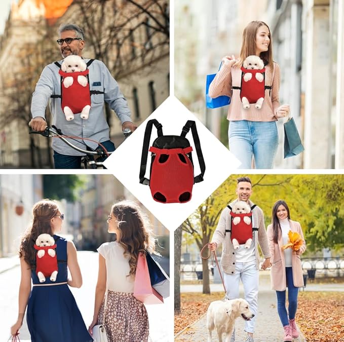 FEimaX Dog Carrier Backpack Pet Legs Out Front Cat Travel Bag, Adjustable Puppy Backpacks Carriers Hands-Free for Small Medium Dogs Cats Hiking Traveling Camping Daily Walking (Medium, Red)-Mewly Pet