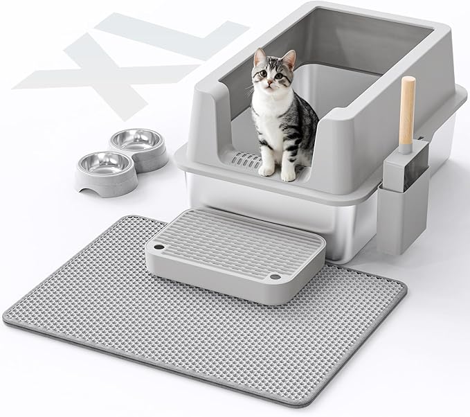 Stainless Steel Cat Litter Box - Enclosed XL Metal Kitty Litter Box with Lid for Big Cats, High Sided, Anti-Leakage, Easy Cleaning, Non-Sticky, Included Litter Mat, Cat Bowl & Spoon-Mewly Pet