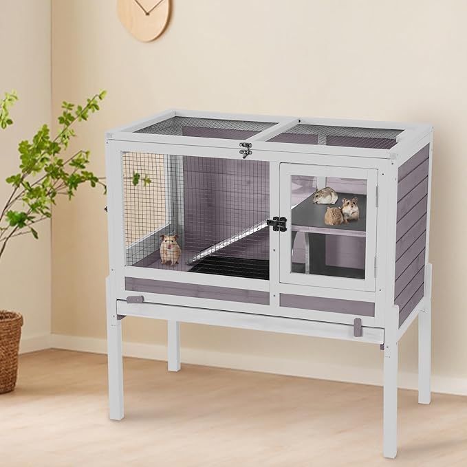 AIVITUVIN Wooden Guinea Pig Cage Indoor with Cooling Plate and Anti-Chewing Edges Two-Story Rabbit Hutch Pull Out Tray Outdoor Rabbit Cage with Raised Stand and Wire Mesh Small Animals Cage (Grey)-Mewly Pet