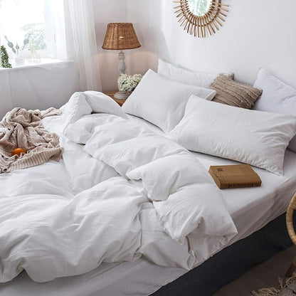 MooMee Bedding Duvet Cover Set 100% Washed Cotton Linen Like Textured Breathable Durable Soft Comfy (Solid Off White, Full 80"x90")