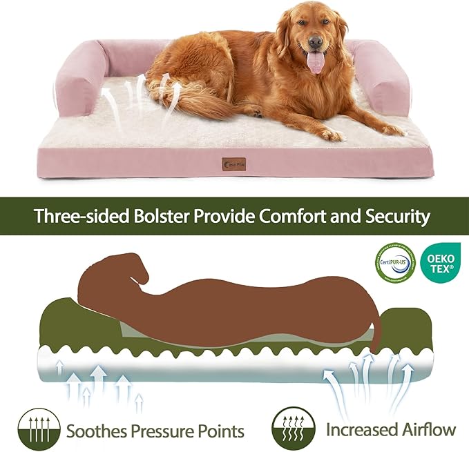 Orthopedic Dog Beds for Large Dogs, Waterproof Dog Beds, Memory Foam Dogs Couch Beds, Comfy Bolster Pet Beds with Removable Washable Cover, Nonskid Bottom (Large,Pink)-Mewly Pet