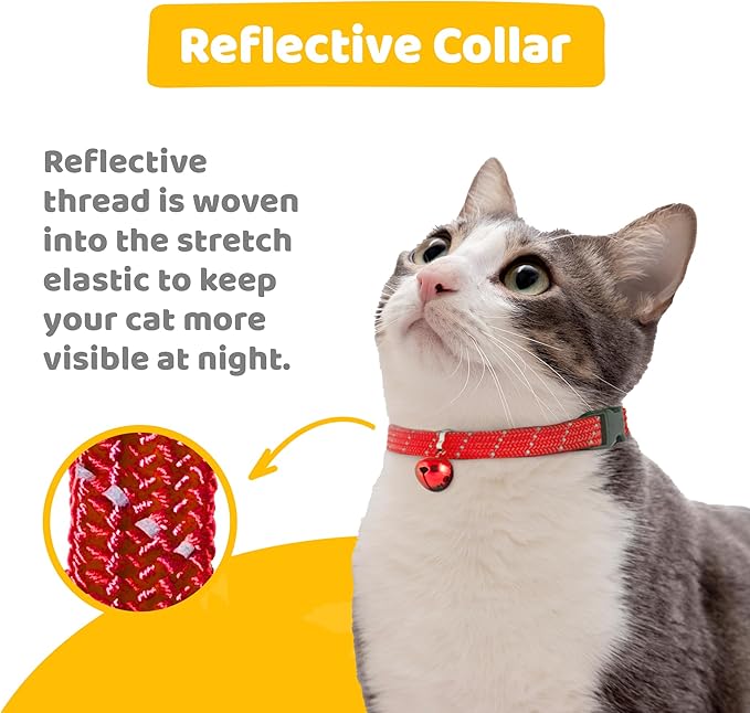 BirdsBeSafe® Break Away Cat Collar with Bell, Reflective Thread for Night Visibility, Comfortable Elastic Stretch Cat Collar to Protect Cat from Getting Stuck in The Garden.-Mewly Pet