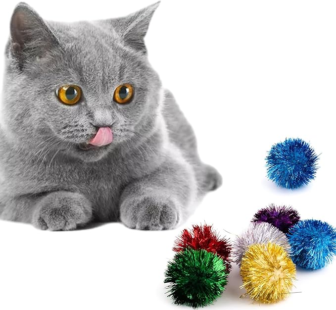 AUEAR, 12 Pack 2 Inch Sparkle Ball Shiny Glitter Tinsel Pom Poms Interactive Cat Balls for Kittens (6 Colors)-Mewly Pet