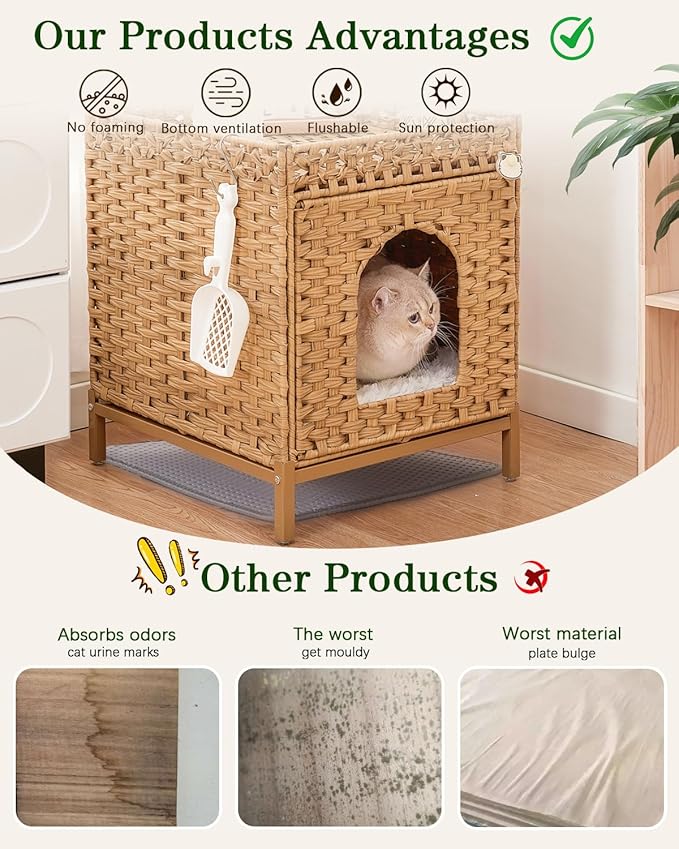 Cat Litter Box Enclosure Hidden Litter Box Furniture with Metal Heightened Feet, Rattan Handwoven Cat House with Litter Mat, Hidden Litter Box Furniture for Bedroom Living Room Natural-Mewly Pet