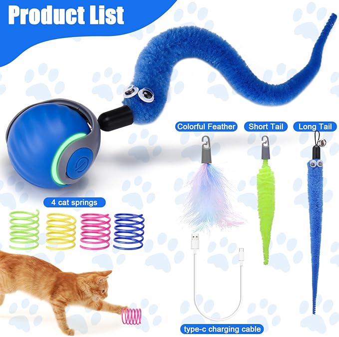 AIERSA Interactive Cat Toys for Indoor Adult Cats, Automatic Self-Play Cat Ball Toy for Kitten to Keep Them Busy, Electric Speed Tail Moving Cat Toy with 3 Tails and 4 Springs (Blue)-Mewly Pet