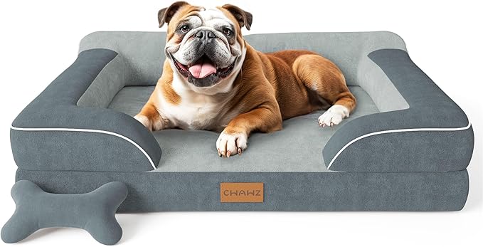 Dog Beds for Large Dogs, Orthopedic Dog Bed with Cooling Gel Memory Foam, Waterproof Large Pet Bed with Removable Washable Cover, 36" Pet Sofa Couch Dutch Velvet with Bone Toy, Dark Gray-Mewly Pet
