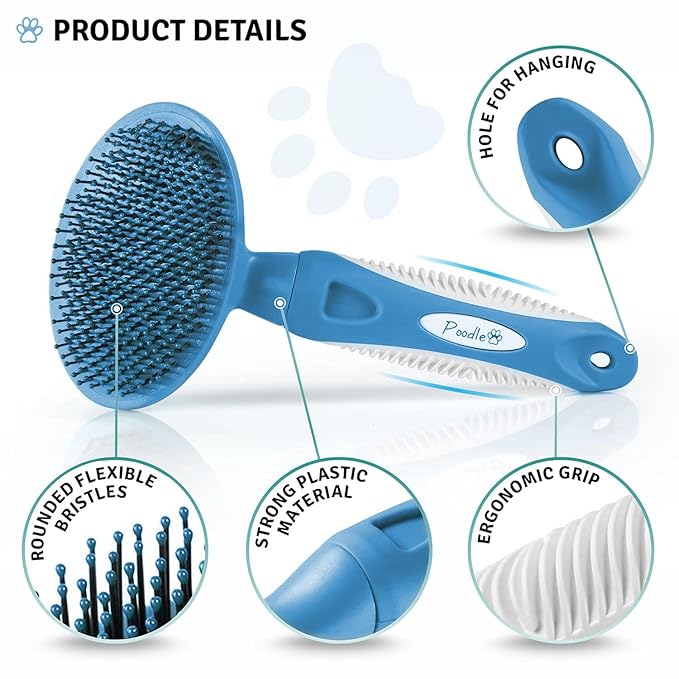 Round Bristle Pet Brush for Dogs and Cats - Soft Dog Brush for Grooming Short or Long Hair - Gentle Tool for Sensitive Skin Removes Dander, Dirt, and Detangles (Blue)-Mewly Pet