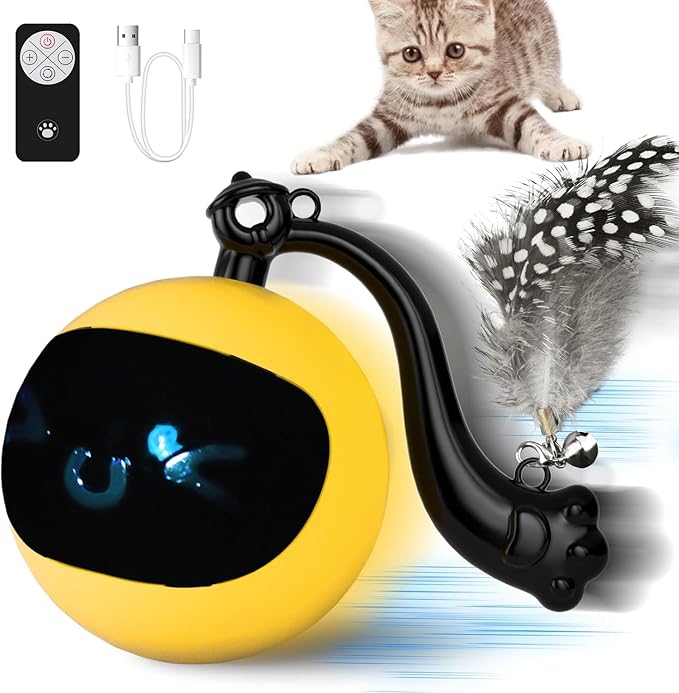 Interactive Cat Ball Toy with Remote Control, Automatic Moving Cat Toys Ball with Feather Tail, Electric Puzzle Toy for Chasing and Hunting (Yellow)-Mewly Pet