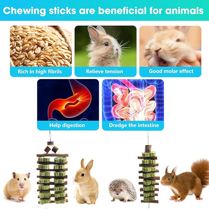 WDEFUN Natural Peach Wood Clover Cake Teeth Grinding Toy String - Rabbit Snack Chewing Toy, Safe and Durable Pet Teeth Grinding Rod, Caring for Dental Health-Mewly Pet