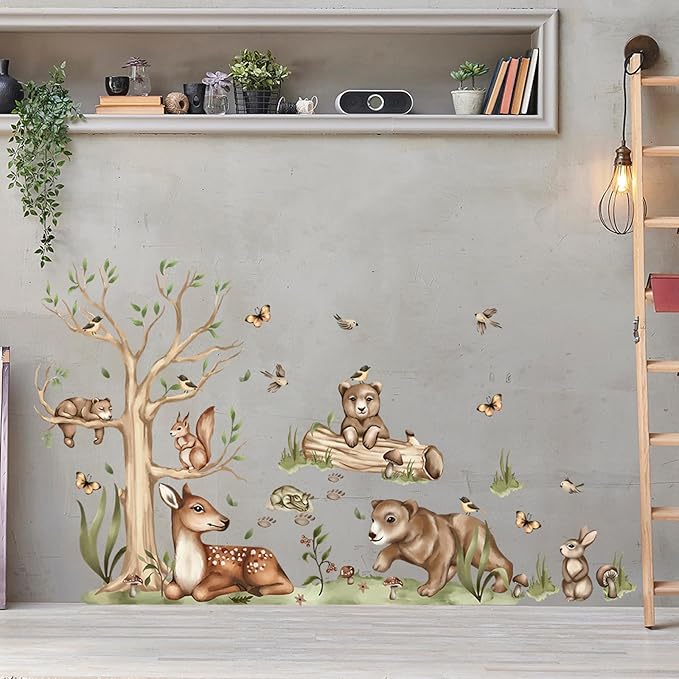 Jungle Animal Wall Stickers Forest Safari Wall Decals Kid Room Nursery Baby Bedroom Décor (Bear Spotted Deer Tree)