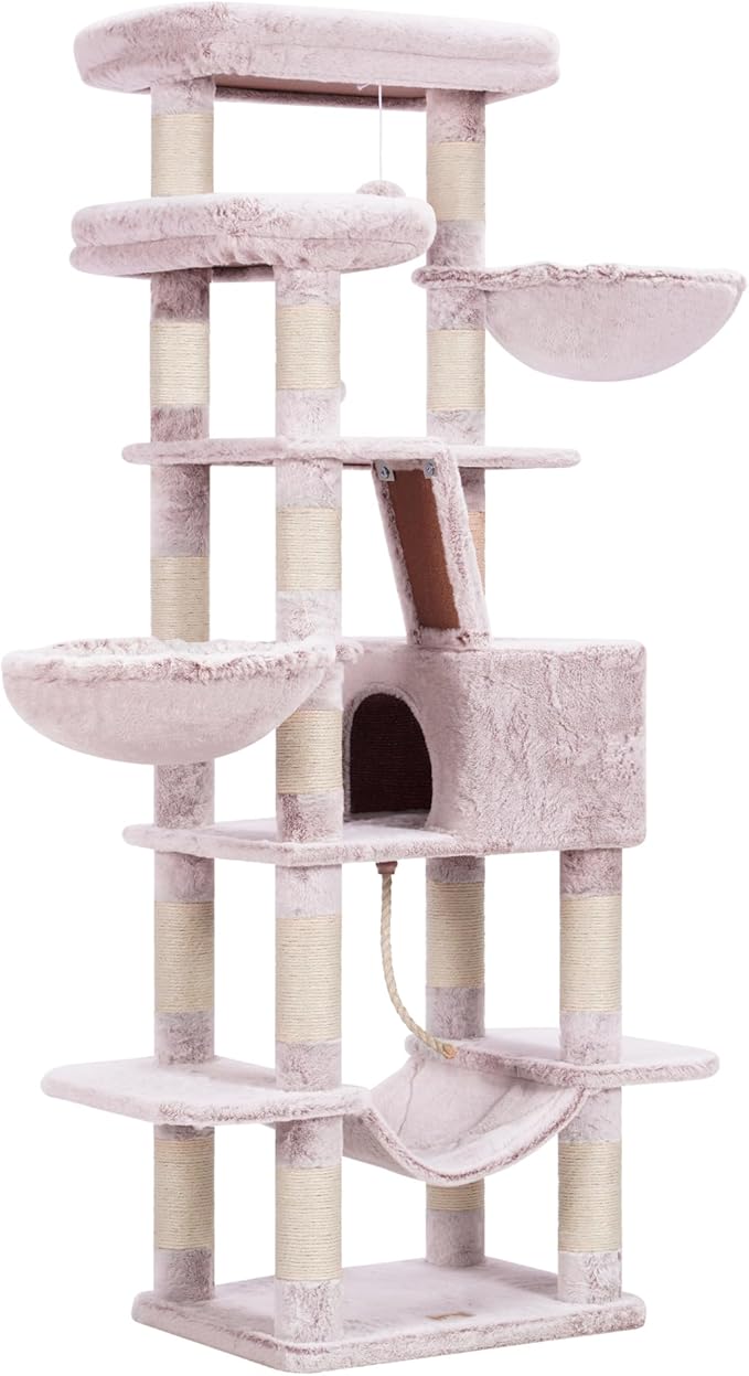 Heybly Cat Tree, 68 inch Multi-Level Cat Tower for Indoor Cats, 2 Widened Plush Perches Cat Condo with Scratching Board and Big Caves, Muchroom HCT025MU-Mewly Pet