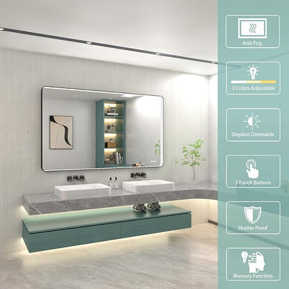 48x28 Inch LED Bathroom Mirror with Lights, Black Metal Framed LED Mirror for Bathroom, 3 Colors and Stepless Dimmable Wall Mounted Lighted Bathroom Vanity Mirror, Anti-Fog, Memory