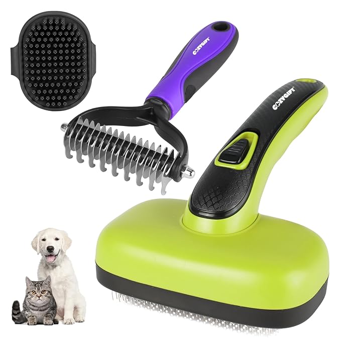 Dog Brush Kit – 3 PCS Grooming Set with Self-Cleaning Brush, Undercoat Rake & Pet Bath Brush. Great for Shedding, Tangles & Dirt Removal – Ideal for Long & Short Haired Dogs & Cats, Green-Mewly Pet