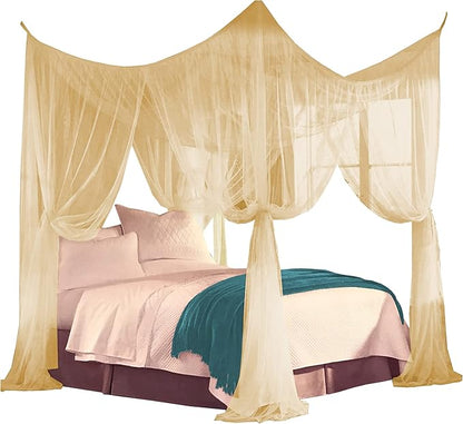 Just Relax Four Corner Post Decorative Elegant Bed Net Canopy Set, Beige, Full/Queen/King, 86.6x78.7x98.4 Inches