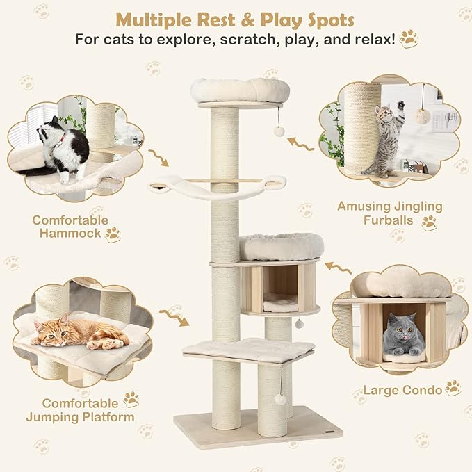 Tangkula Modern Cat Tree, Multi-Level Large Cat Tower with Condo, Hammocks & Hanging Basket, Tall Cat Tree with Sisal Posts, Washable Cushions, Wood Cat Trees and Towers for Indoor Large Cats-Mewly Pet