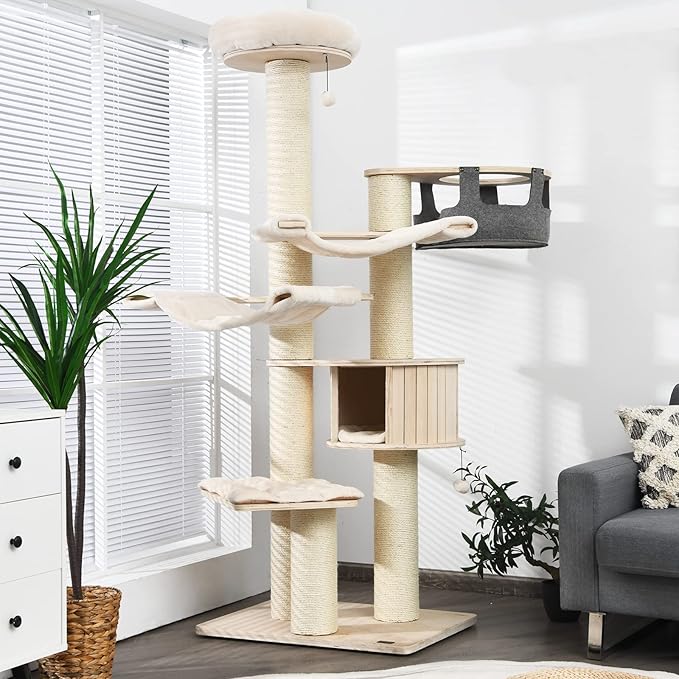 Tangkula Large Cat Tree, Multi-Level Tall Cat Tower with Sisal Scratching Posts, Hammocks, Hanging Basket, Cat Condo and Removable Washable Cushions, Modern Wood Cat Tree for Indoor Cats Large Adult-Mewly Pet