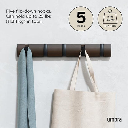 Umbra Flip Wall-Mounted Coat Rack Rail Hook for Hats, Jackets, Bags and More – Modern, Space-Saving Storage Organizer for Entryway, Mudroom, Closet, Bathroom, Bedroom, Kids Room, or Nursery, 5 Hooks,