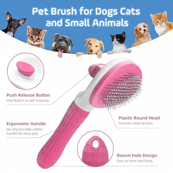 Cat Hair Brush, Cat Brush for Shedding with Metal Comb, Self Cleaning Pet Hair Brush with Release Button - Skin Friendly Deshedding Grooming Brush for Short and Long Haired Cats-Mewly Pet